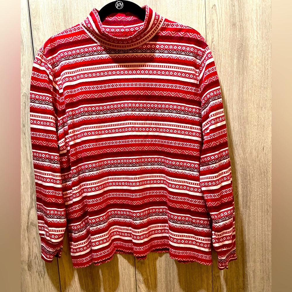 Land's End Relaxed Fit Women's Red White Striped Mock Neck Top Long Sleeve XLP